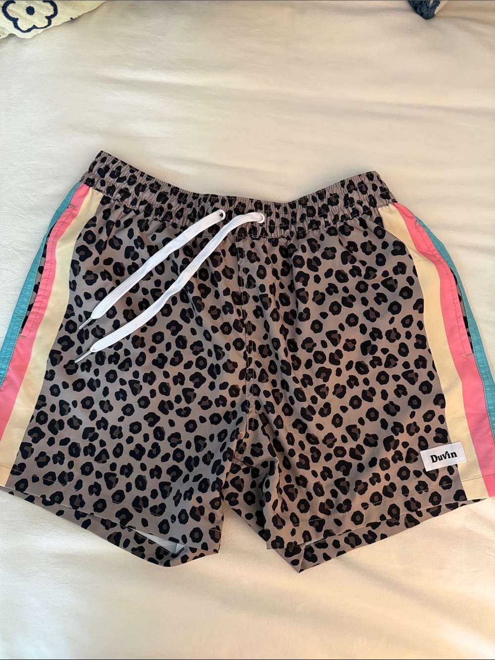 Duvin Leopard-Print Swim Trunks with Pink & Teal Side Stripes